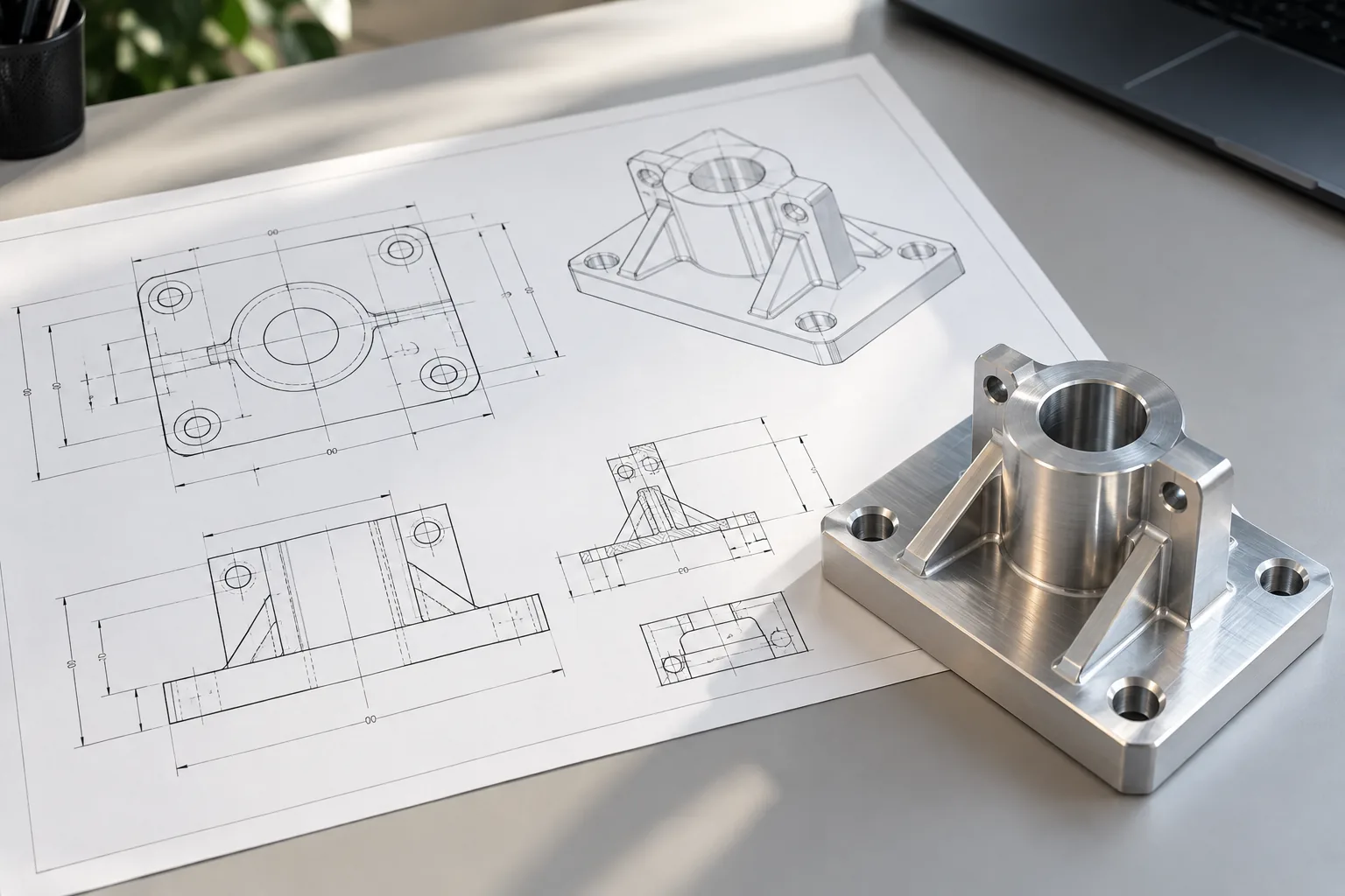 Plan de fabrication coté avec la pièce usinée correspondante